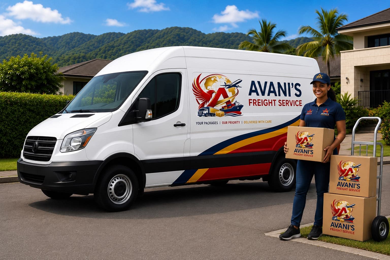 Avani's branded delivery van and team member ready to deliver packages